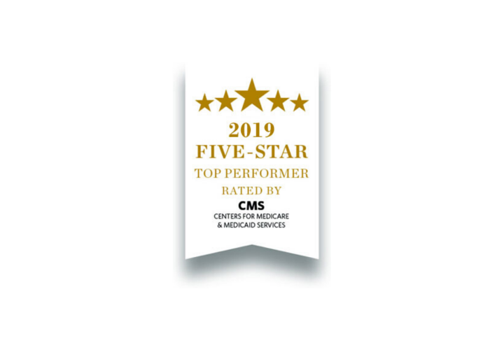 White ribbon that has five stars on it and says 2019 five-star top performer rated by CMS, Centers for Medicare and Medicaid Services.