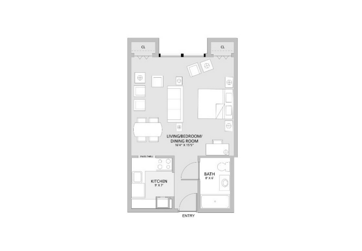 Floorplan of studio apartment with combined main room for living/dining/bedroom area that is 16 foot 4 inches by 15 foot 5 inches, with a separate small kitchen and small bathroom.