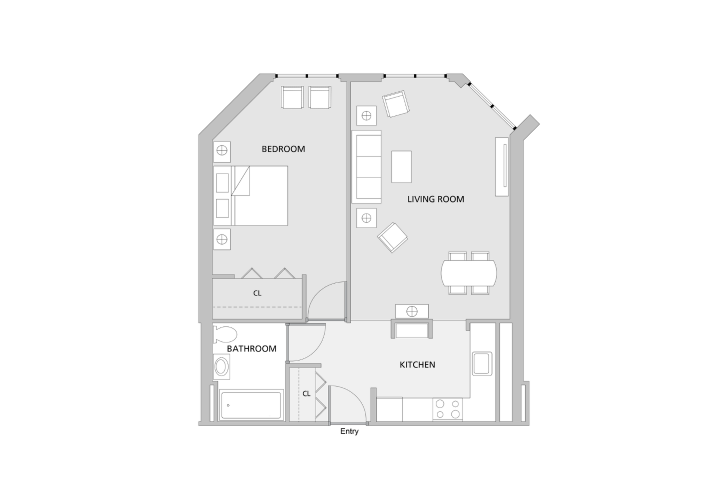 Floor plan of one bedroom apartment with an L shaped kitchen attached to a medium sized living room and a medium bedroom with a large closet.