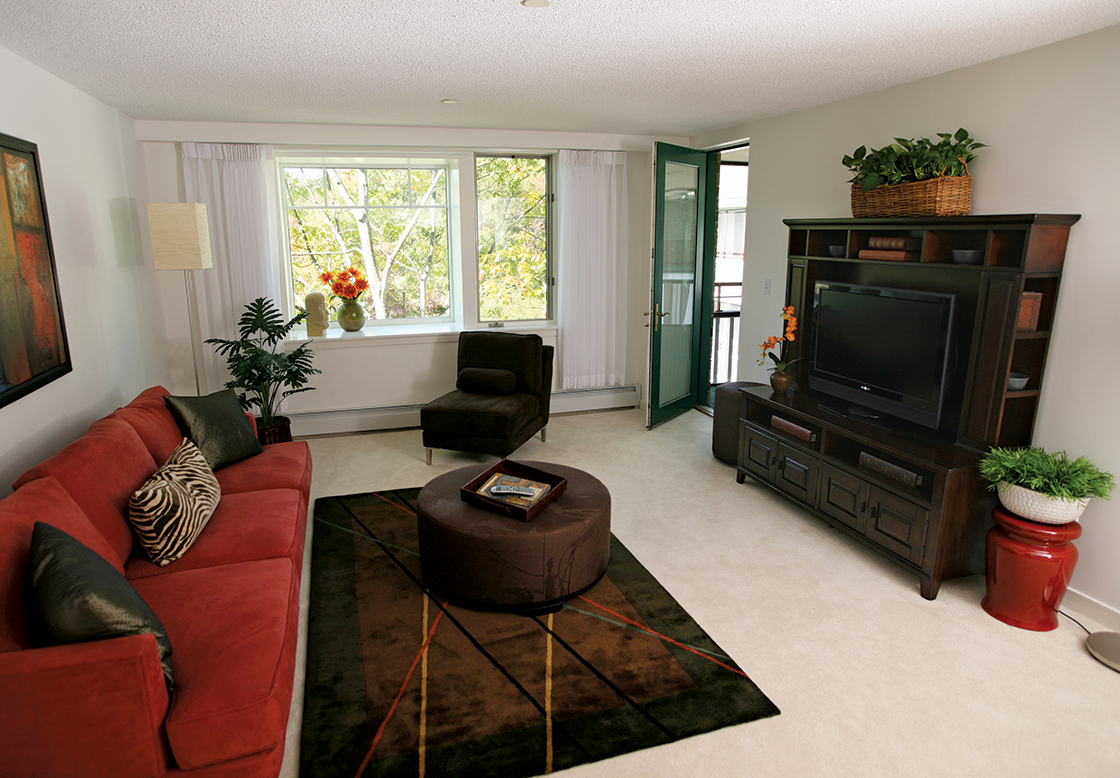 Living room with large couch, sitting chair, TV, door out to a porch, and large window looking out to trees.