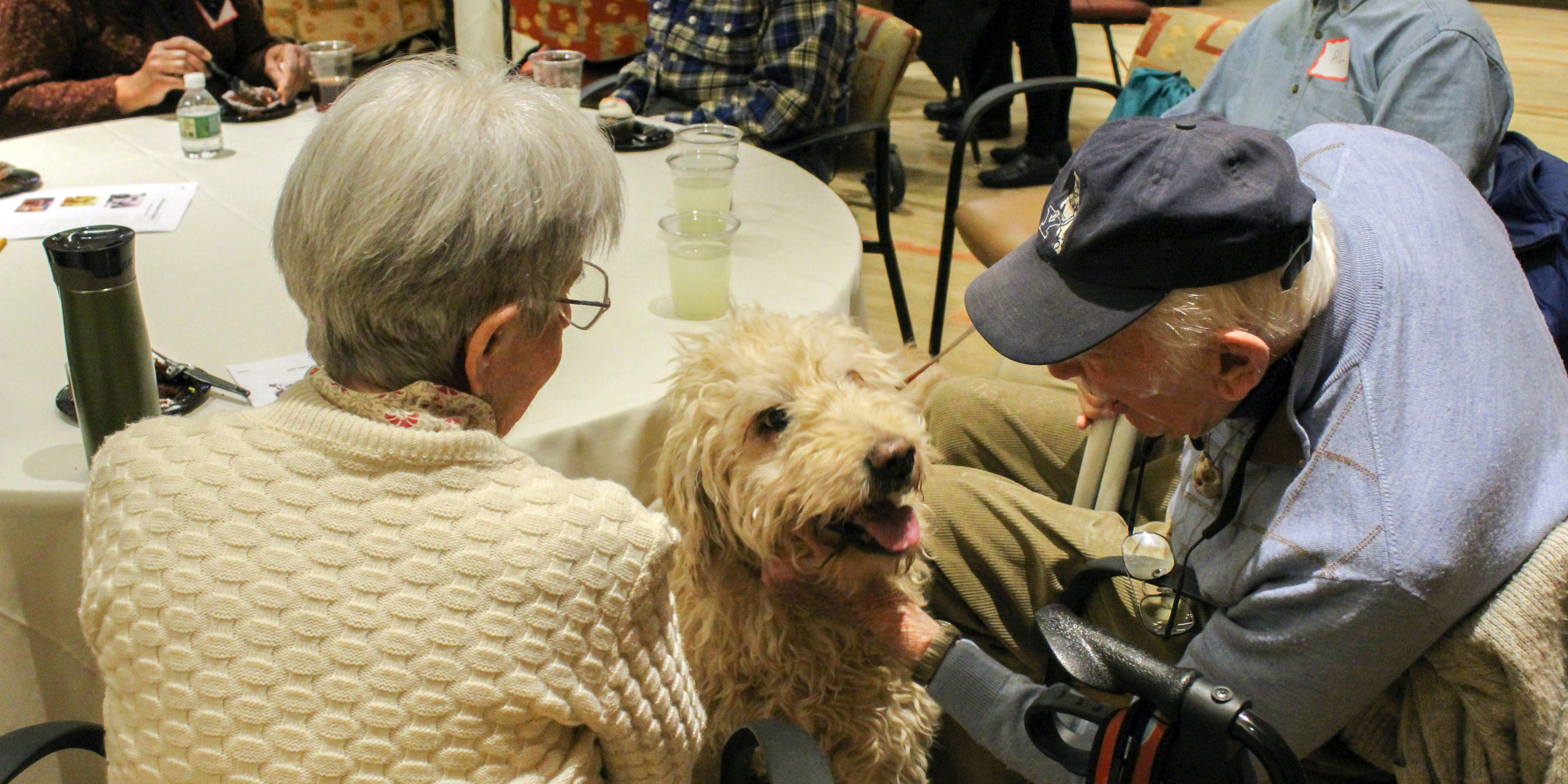 An older couple enjoy the companionship of a dog.