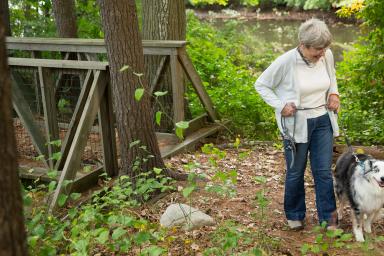 An elder woman walks a dog on one of Hebrew SeniorLife's walking trails