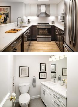 Photos of kitchen and bathroom in Orchard Cove one bedroom apartment