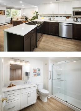 Vertical photo layout showing a photo of a kitchen and bathroom in an Orchard Cove deluxe apartment