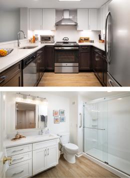 Horizontal layout of photos of the kitchen and bathroom in a two bedroom apartment at Orchard Cove