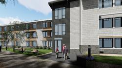An architectural rendering of the exterior of the entrance to the three-story expansion project.