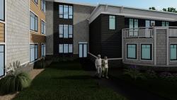 An architectural rendering of the exterior of the walking path around the three-story expansion project.