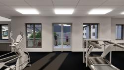 An architectural rendering of the exterior of the fitness room.
