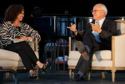 Dr. Malika Marshall and HSL President and CEO Lou Woolf participate in Q&A session at the EngAGE fundraiser