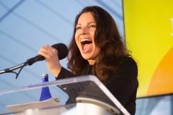 Fran Drescher speaking at HSL's EngAGE fundraising event