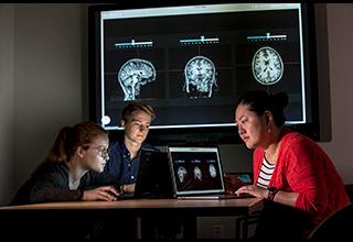 Three Marcus Institute researchers are seated at a table, each looking at a computer screen; one of the screens is facing us and displays image of three brain scans. Behind the people, the same image is projected on a large screen