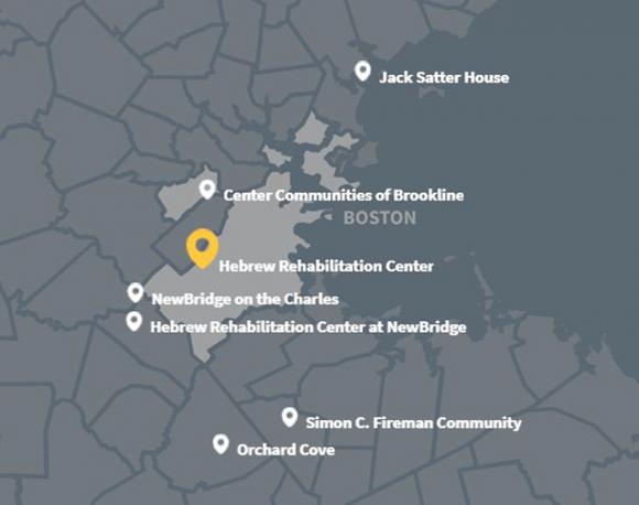 A map of the Boston area with markers by each of Hebrew Senior Life's seven location.
