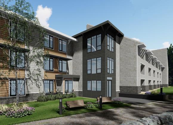 An architectural rendering of the exterior of the entrance to the three-story expansion project.