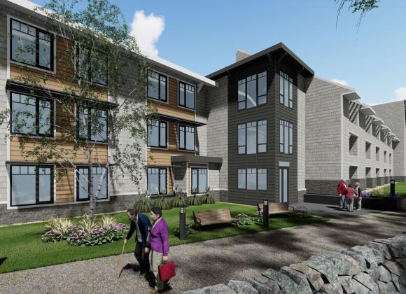 An architectural rendering of the outside of the new apartments at Simon C. Fireman Community.