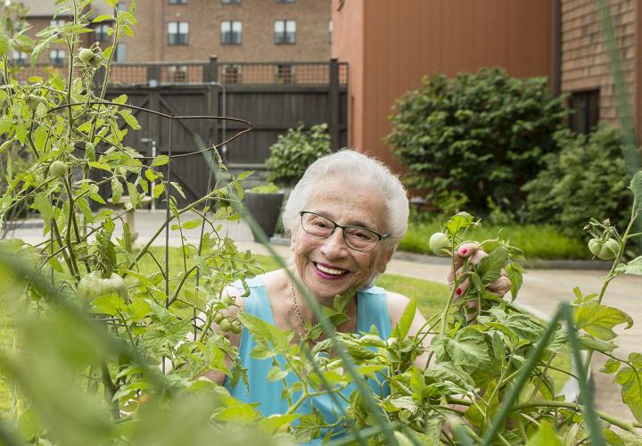 A resident enjoys the secure outdoor gardening area.