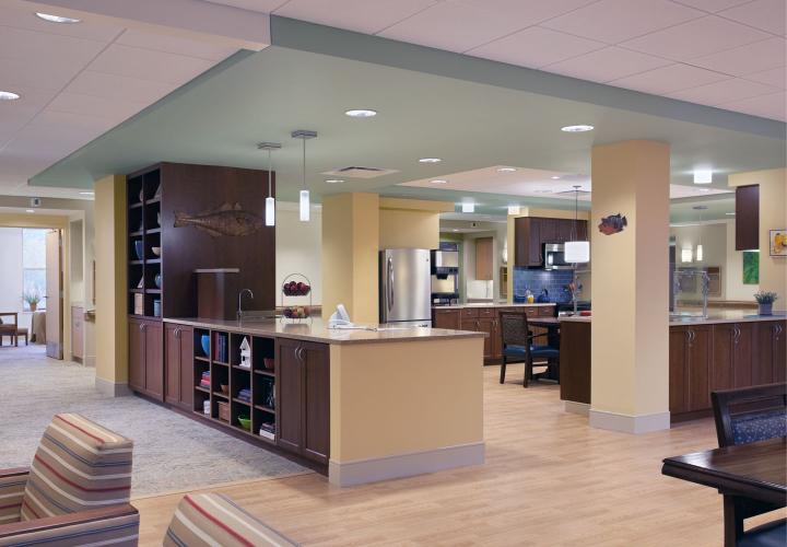 Homelike kitchens bring comfort and a non-clinical feel to the common areas within Hebrew Rehabilitation Center in Dedham.