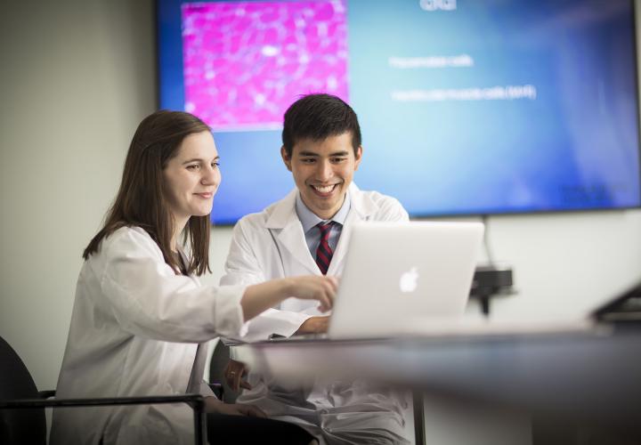 A female and a male Harvard Medical School fellow sit at a table at Hebrew SeniorLife looking at a laptop. They are wearing white coats.