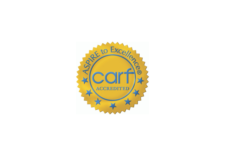 Gold circular badge that says Aspire to Excellence carf accredited with seven stars.