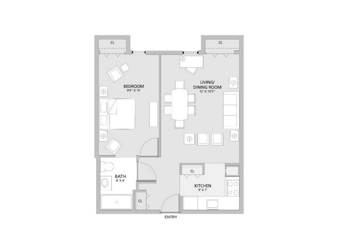 Floorplan of one bedroom apartment with combined living dining room (12' x 16'5") next to an L shaped kitche (9' by 7') and bedroom (9'4" x 15') and small bathroom.