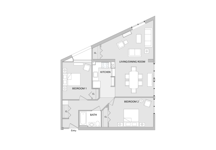 Floorplan of two bedroom apartment with U shaped kitchen in the center, a dining room connected to a living room, 1 large bedroom and 1 small bedroom, and 1 small bathroom.