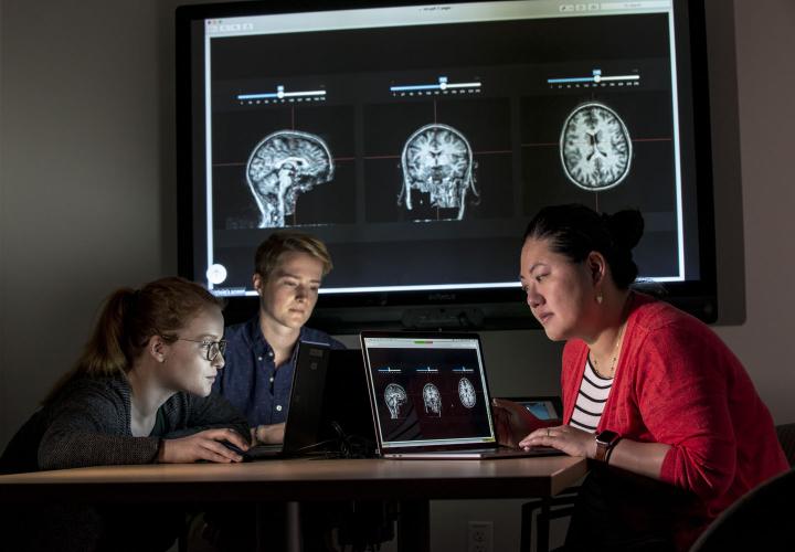 Three young researchers at the Hinda and Arthur Marcus Institute for Aging Research in Boston study images of a human brain.