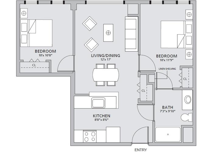 Floor plan for two-bedroom apartment at Leyland Community.